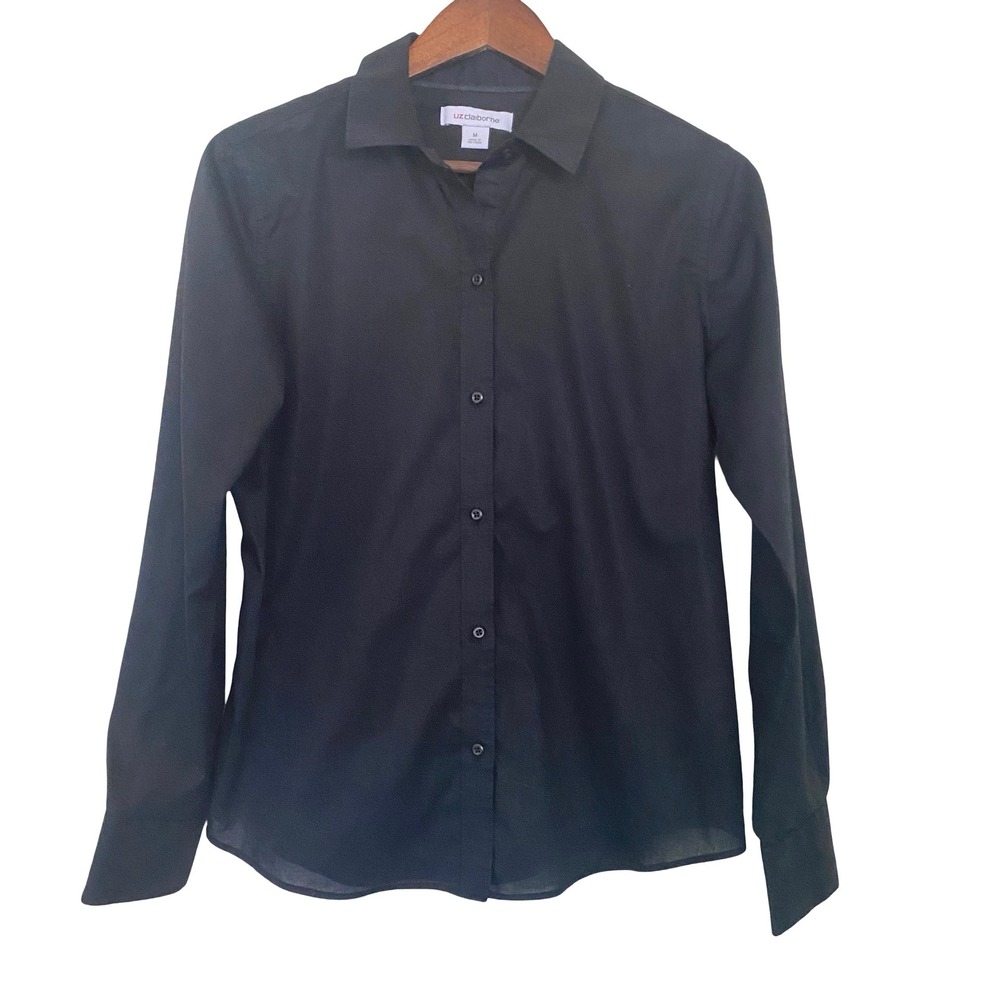 Liz Claiborne Button Down Womens Shirt M Black Long Sleeve Cotton Blend Office